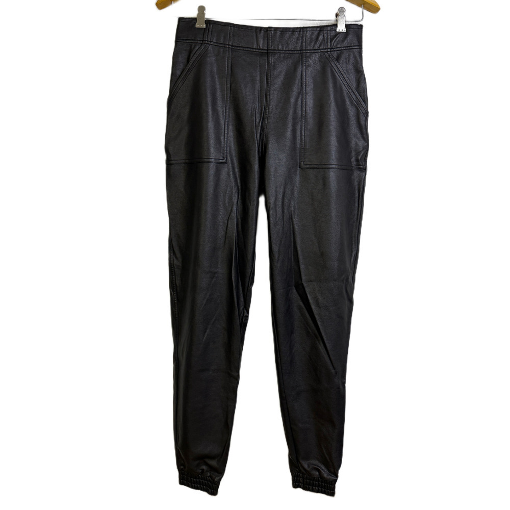 Spanx Faux Leather Jogger Pants Womens Medium Black Pull On Elastic Vegan 28"